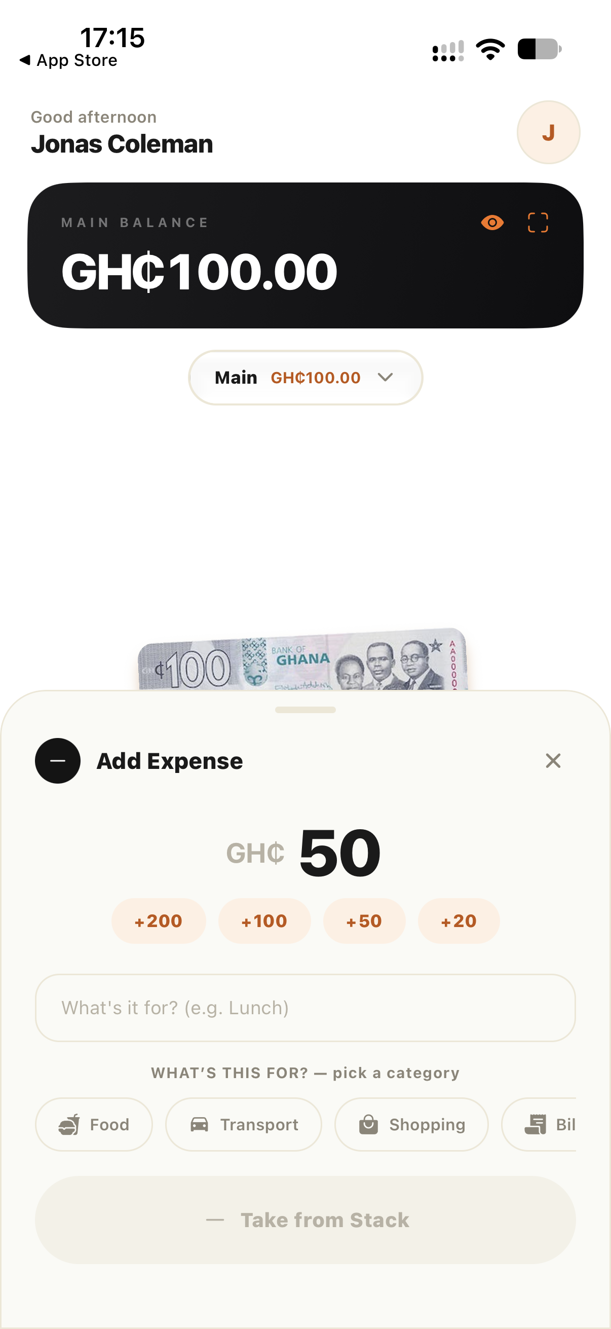 FINLOG Expense modal and Money Spaces allocation